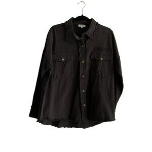 La Miel Women SZ S Charcoal Gray Snap Front Pocketed Fringe Trim Denim Shacket